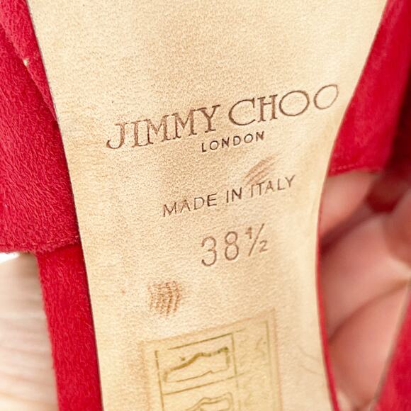 Jimmy Choo Farah Red Suede Crystal Trim Peep Toe Platform Sandal Heel IT 38.5 - Picture 14 of 14